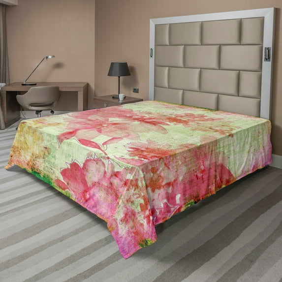 Ambesonne Floral Flat Sheet, Retro Design Old Grunge, Queen Size, Pink and Green
