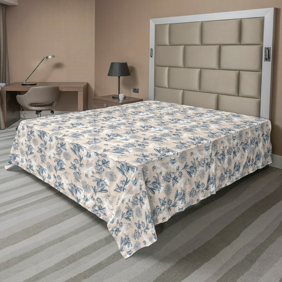 Ambesonne Floral Flat Sheet, Retro Flowers Butterflies, Queen Size, Slate Blue Pale Eggshell