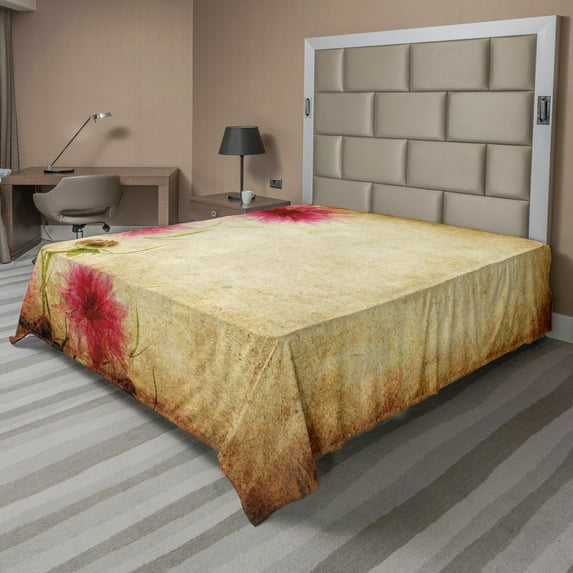 Ambesonne Floral Flat Sheet, Retro Flowers Grungy Old, Full Size, Sand Brown Pink
