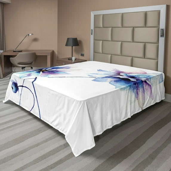 Ambesonne Floral Flat Sheet, Retro Flowers Watercolor, King Size, White Purple Blue