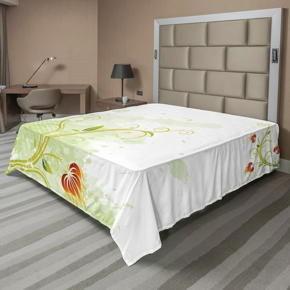 Ambesonne Floral Flat Sheet, Retro Grunge Swirl Petal, California King, Green Green