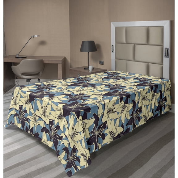 Ambesonne Floral Flat Sheet, Retro Lillies Flowers Art, Twin Size, Sea Blue and Cream