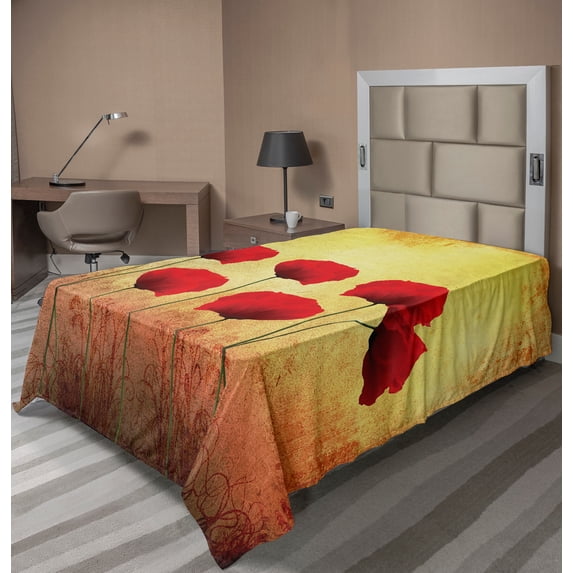 Ambesonne Floral Flat Sheet, Retro Poppy Flowers, TwinXL Size, Scarlet Pale Yellow