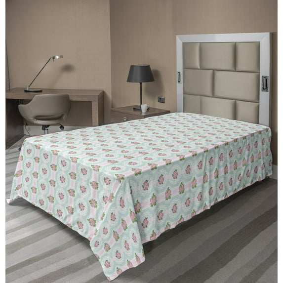 Ambesonne Floral Flat Sheet, Retro Shabby Rose Bouquets, Twin Size, Pink and Pale Blue