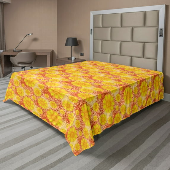 Ambesonne Floral Flat Sheet, Retro Style Flowers Top View, Full Size, Yellow Pale Peach