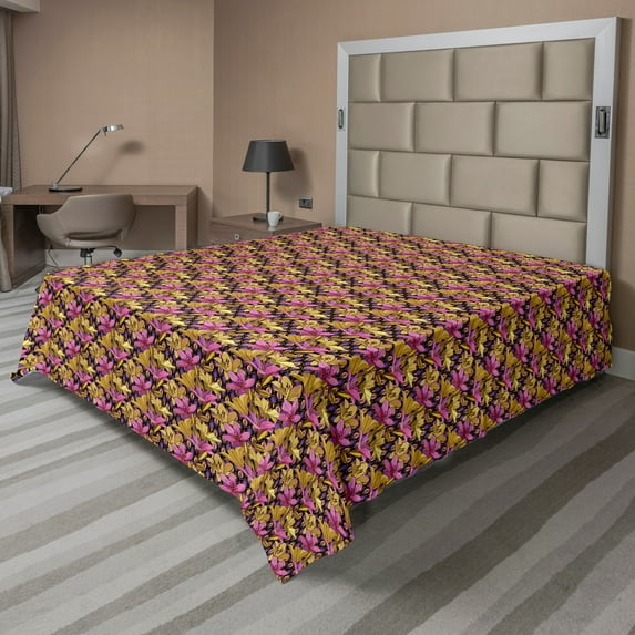 Ambesonne Floral Flat Sheet, Retro Style Summer Flowers, Full Size, Charcoal Grey Multicolor