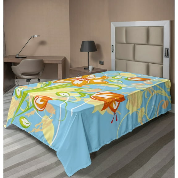 Ambesonne Floral Flat Sheet, Retro Style Tiger Lily Art, TwinXL Size, Sky Blue Multicolor