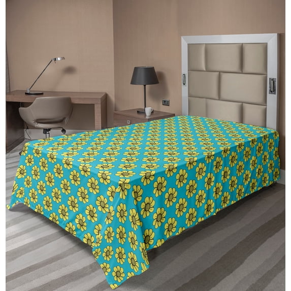 Ambesonne Floral Flat Sheet, Retro Yellow Daisy Flowers, TwinXL Size, Sky Blue Yellow Dark Grey