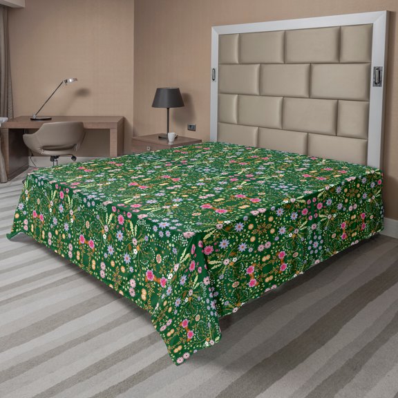 Ambesonne Floral Flat Sheet, Rhythmic Flowers Arrangement, Queen Size, Hunter Green and Multicolor