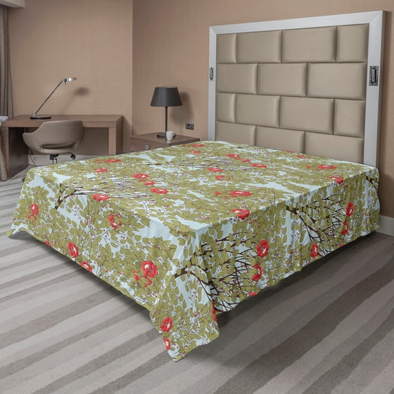 Ambesonne Floral Flat Sheet, Rococo Style Flowers Leaves, California King, Pale Blue Multicolor