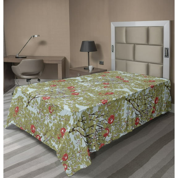 Ambesonne Floral Flat Sheet, Rococo Style Flowers Leaves, Twin Size, Pale Blue Multicolor