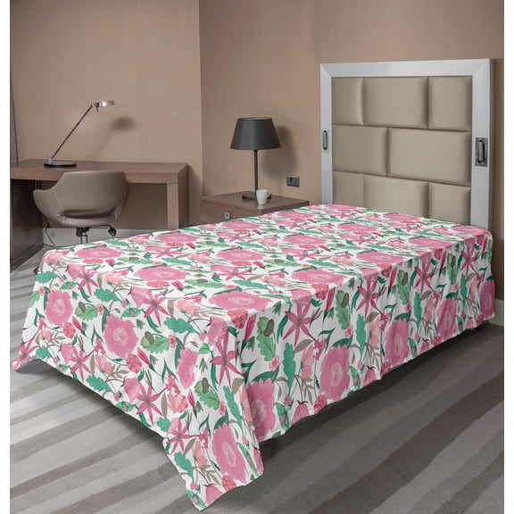 Ambesonne Floral Flat Sheet, Romantic Bloom Peony Rose, Twin Size, Pink and Jade Green