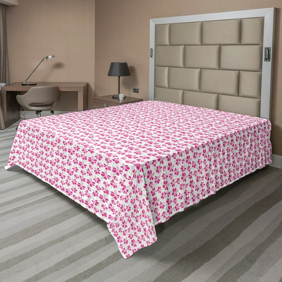 Ambesonne Floral Flat Sheet, Romantic Details Flowers, California King, Hot Pink Green and White