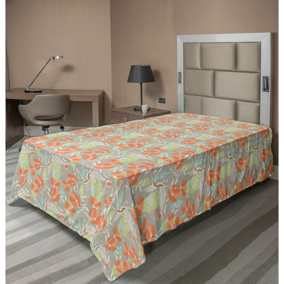 Ambesonne Floral Flat Sheet, Romantic Poppies Pastel Tone, Twin Size, Multicolor
