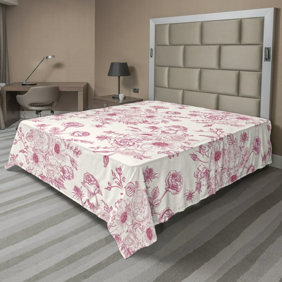Ambesonne Floral Flat Sheet, Romantic Rose Flowers, Queen Size, Pale Pink