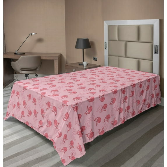 Ambesonne Floral Flat Sheet, Romantic Roses Leaves Sketch, Twin Size, Pastel Pink and Rose