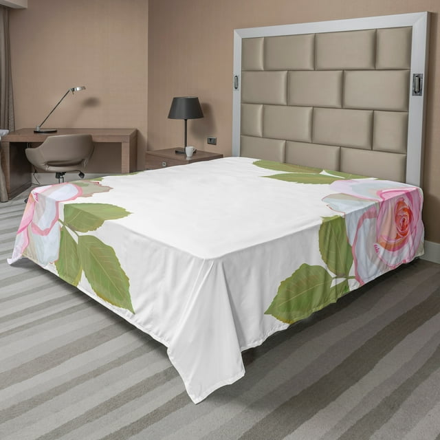 Ambesonne Floral Flat Sheet, Romantic Roses Love Theme, King Size