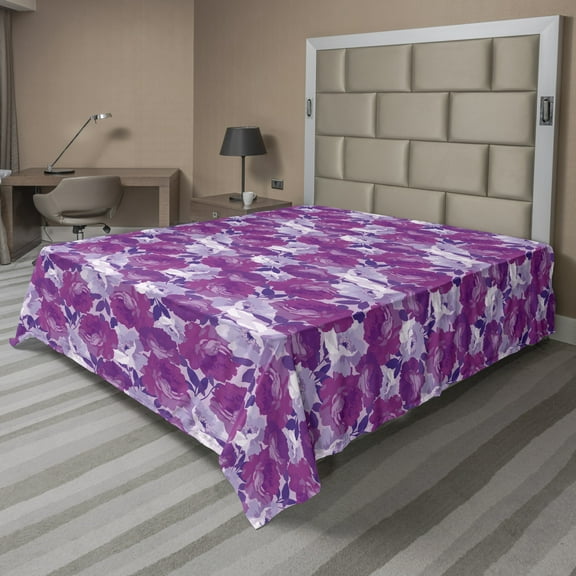 Ambesonne Floral Flat Sheet, Romantic Roses Repetition, King Size, Fuchsia Lilac and Quartz