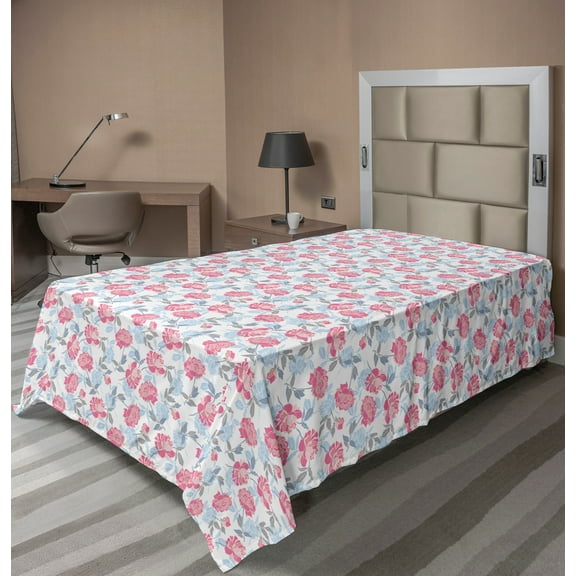 Ambesonne Floral Flat Sheet, Romantic Style Flowers Art, TwinXL Size, Pale Blue Multicolor