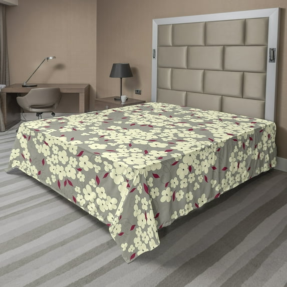 Ambesonne Floral Flat Sheet, Romantic and Vintage Art, Queen Size, Pale Taupe and Cream