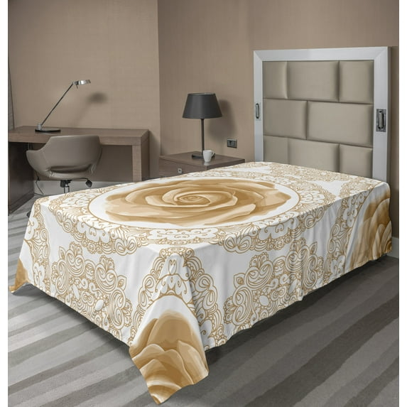 Ambesonne Floral Flat Sheet, Rose Florets, TwinXL Size, Sand Brown White