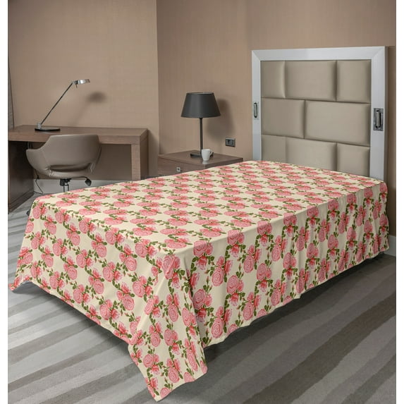 Ambesonne Floral Flat Sheet, Rose Flower Net Look Art, TwinXL Size, Champagne Burnt Sienna