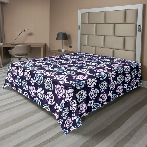 Ambesonne Floral Flat Sheet, Rose Flowers and Succulent, King Size, Dark Purple Multicolor