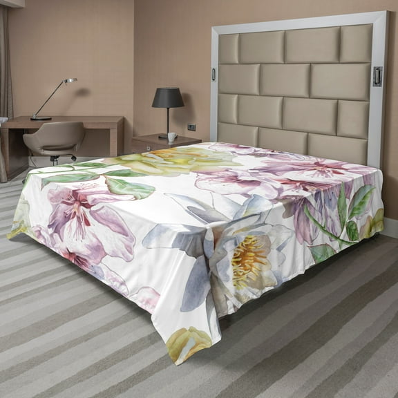 Ambesonne Floral Flat Sheet, Rose Petals Sakura Lily, Full Size, Fern Green Pale Pink