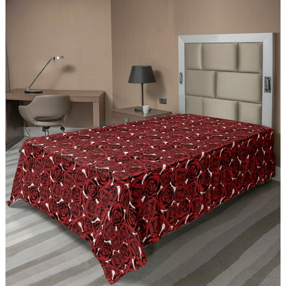 Ambesonne Floral Flat Sheet, Rose Silhouettes Blooming, Twin Size, Charcoal Grey and Vermilion
