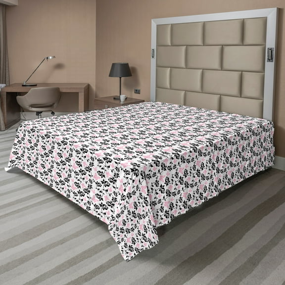 Ambesonne Floral Flat Sheet, Rose Twigs and Butterflies, King Size, Charcoal Grey Pink White