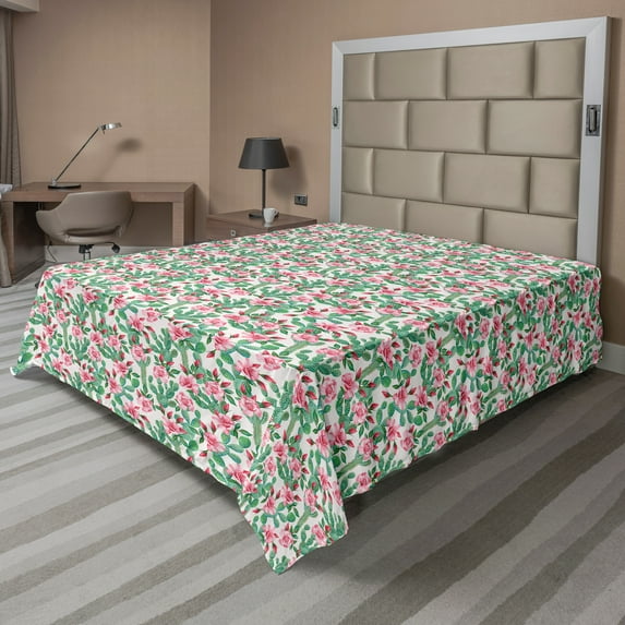 Ambesonne Floral Flat Sheet, Rosebuds with Cactus Art, Queen Size, Fern Green Pastel Pink