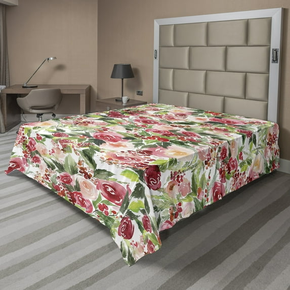 Ambesonne Floral Flat Sheet, Roses Berries Bouquet Art, Full Size, Green Pink