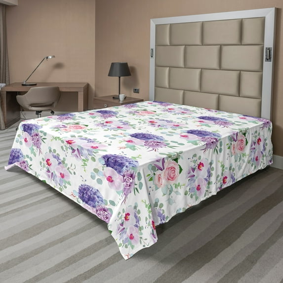 Ambesonne Floral Flat Sheet, Roses Orchids and Carnations, Queen Size, Blue Violet Pale Pink