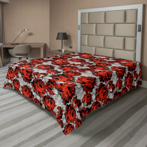 Ambesonne Floral Flat Sheet, Roses Vintage Valentines, Full Size, Red Grey Black