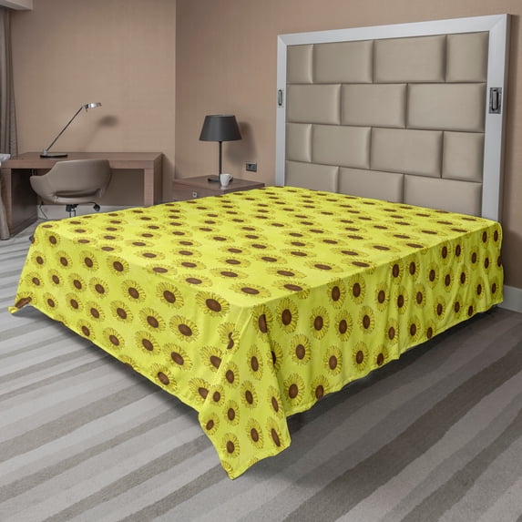Ambesonne Floral Flat Sheet, Rustic Sunflowers Silhouette, King Size, Pale Avocado Green Umber