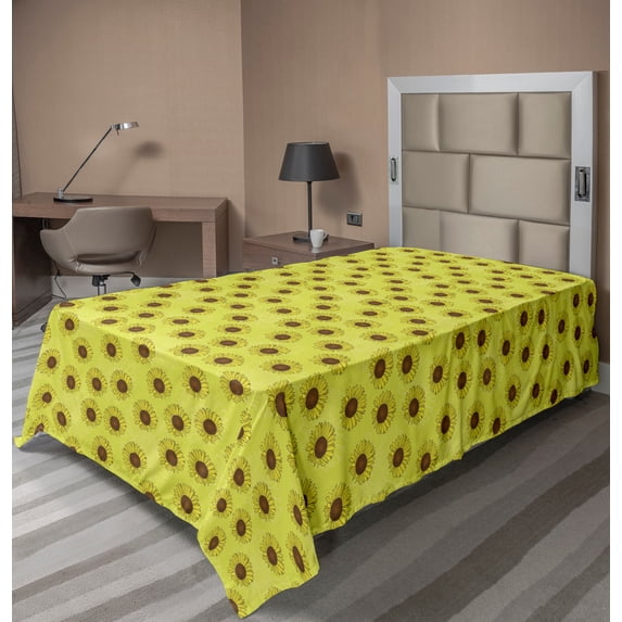 Ambesonne Floral Flat Sheet, Rustic Sunflowers Silhouette, TwinXL Size, Pale Avocado Green Umber
