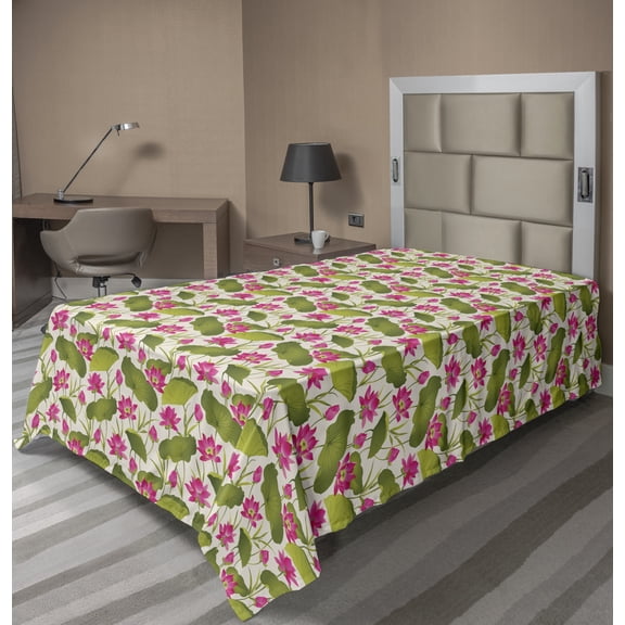 Ambesonne Floral Flat Sheet, Sacred Lotus Flowers Art, Twin Size, Eggshell Olive Green Pink