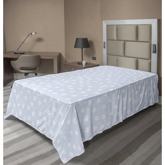 Ambesonne Floral Flat Sheet, Scattered Small Blooms, Twin Size, Pale Blue White