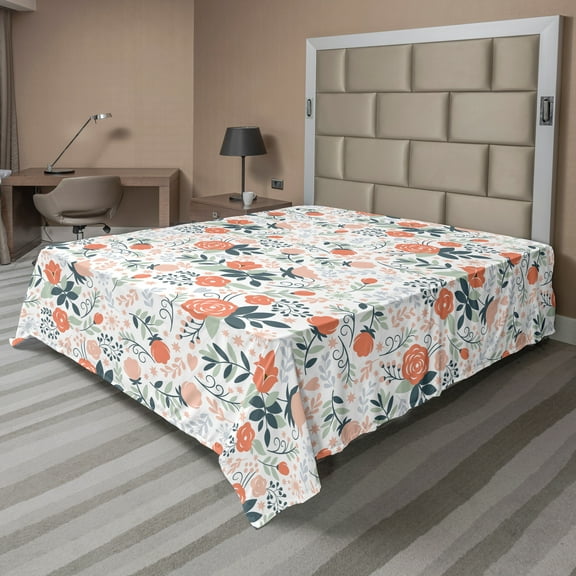 Ambesonne Floral Flat Sheet, Shabby Nature Botanical, King Size, Almond Green Salmon