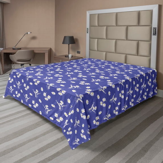 Ambesonne Floral Flat Sheet, Simplistic Daisy Flowers, California King, Mustard Ceil Blue