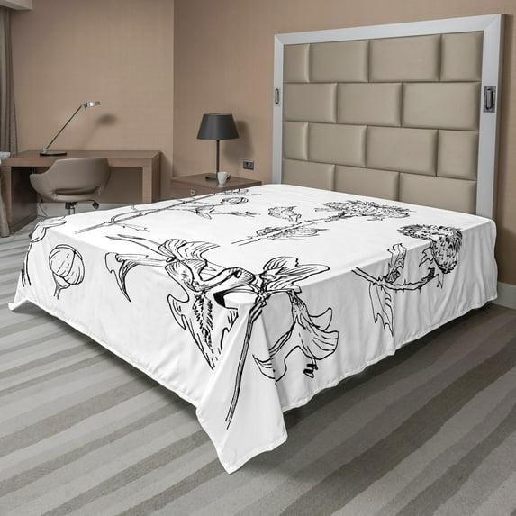 Ambesonne Floral Flat Sheet, Sketchy Blooming Flowers, Queen Size, Charcoal Grey White
