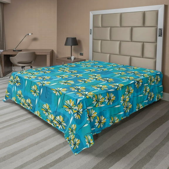 Ambesonne Floral Flat Sheet, Sketchy Garden Flowers, Queen Size, Blue Yellow and White