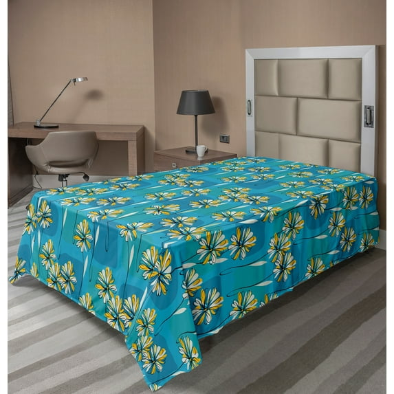 Ambesonne Floral Flat Sheet, Sketchy Garden Flowers, Twin Size, Blue Yellow and White