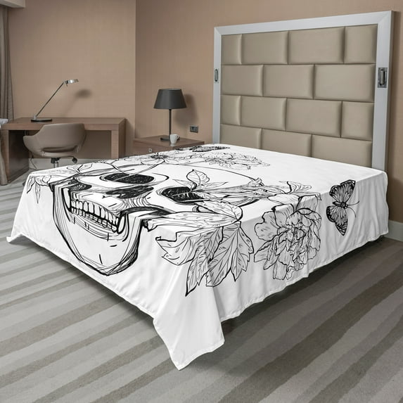 Ambesonne Floral Flat Sheet, Skulls Butterflies, King Size, Black and White