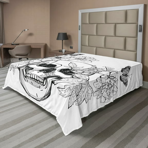 Ambesonne Floral Flat Sheet, Skulls Butterflies, Queen Size, Black and White