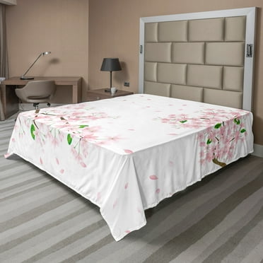 Ambesonne Floral Flat Sheet, Soft Sakura Flower Branches, Full Size, Umber Green