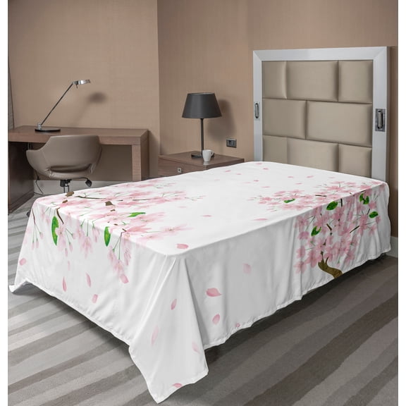 Ambesonne Floral Flat Sheet, Soft Sakura Flower Branches, TwinXL Size, Umber Green