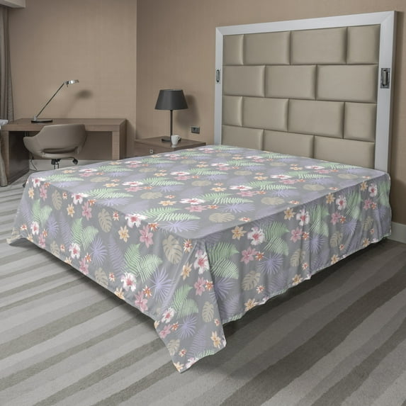 Ambesonne Floral Flat Sheet, Soft Toned Exotic Foliage, Queen Size, Multicolor