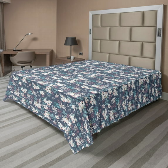 Ambesonne Floral Flat Sheet, Soft Tones Neat Floral Art, Full Size, Purpleblue Multicolor