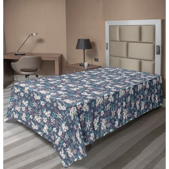Ambesonne Floral Flat Sheet, Soft Tones Neat Floral Art, TwinXL Size, Purpleblue Multicolor